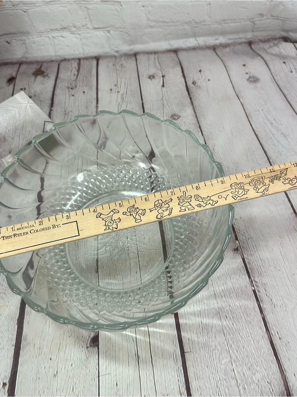 vtg KIG Indonesia Glass Serving Bowl embossed Christmas tree swirl cross hatch